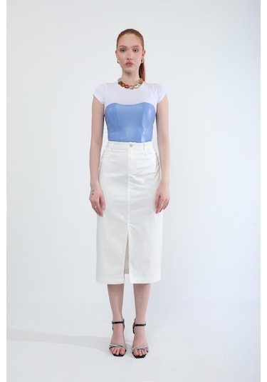 Banny Jeans Önden Yırtmaçlı Likralı Midi Etek Beyaz