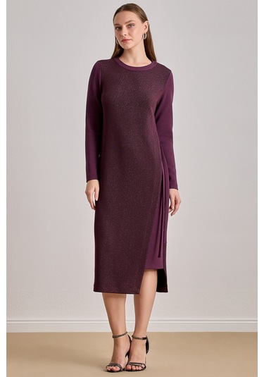 Midi Bordo Simli Elbise Bordo