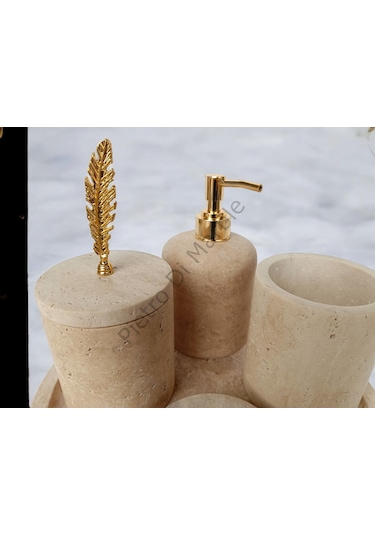Sarı Traverten Klasik Model 5 Parça Gold Renk Kuş Tüyü Aksesuarlı Banyo Seti Sarı Traverten
