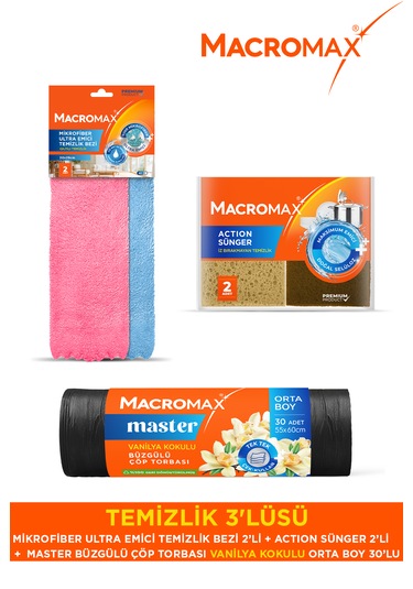 Temizlik 3lüsü Mikrofiber Bezi Sünger Ve Kokulu Çöp Torbası Seti