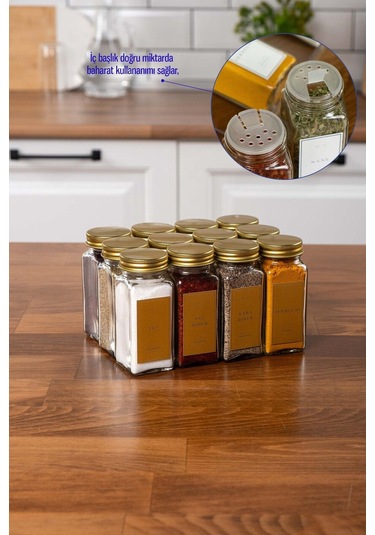 12'li Cam Gold Kapaklı Gold Etiketli 12-li Baharatlık Seti Takımı-mh00gld12 Gold - Şeffaf