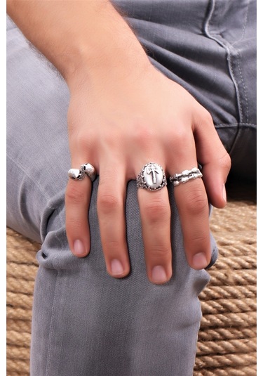 Erkek Antik Gümüş Kaplama Ayarlanabilir 3'Lü Yüzük Seti N11.11041 Gümüş