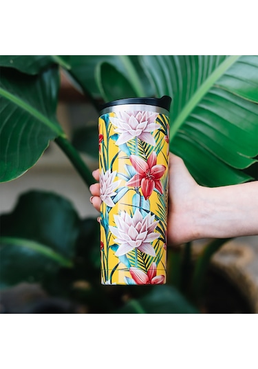 Qwetch QM6015 Tropik Çiçek Desenli Isı Yalıtımlı 470 ML Termos Mug- Sarı