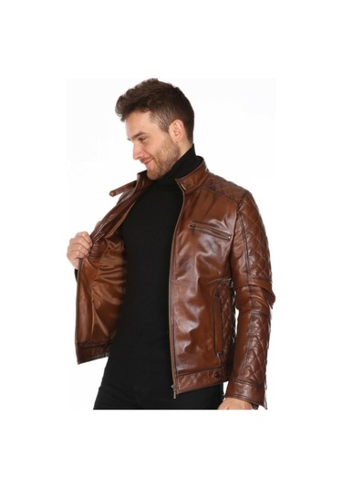 Hakiki Deri Kahverengi Neymar Omuz Kol Işlemeli Erkek Deri Ceket Kahverengi