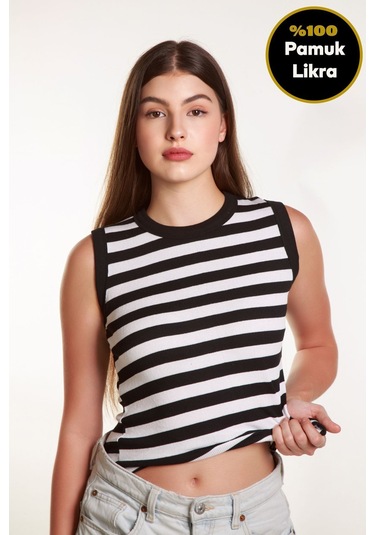 Kadın Siyah Beyaz Çizgili Fitilli Likralı Sıfır Kol Bisiklet Yaka Örme Atlet Tshirt Bluz Siyah - Beyaz