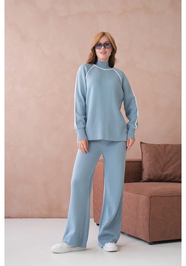Kadın Dik Yaka Kazak Pantolon İkili Triko Takım Açık Mavi