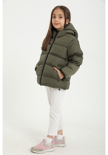 Freemen Kız Çocuk Haki Polarlı Kapüşonlu Su Geçirmez Rüzgara Dayanıklı Şişme Kışlık Mont Haki