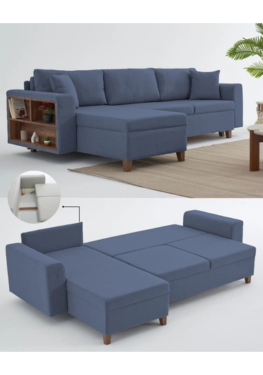 Rengar Köşe Takımı & Yataklı Bazalı Keten Kumaş Sol Köşe Koltuk Takımı - Mavi V119 Mavi