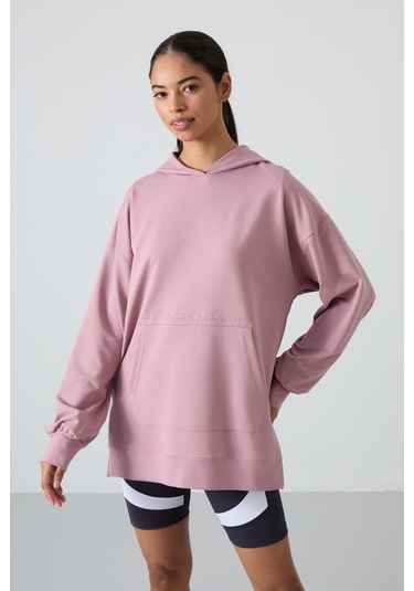 Tommy Life Gül Kurusu Balon Kol Yazı Nakışlı Kadın Oversize Tunik Sweatshirt - 97163 Gülkurusu