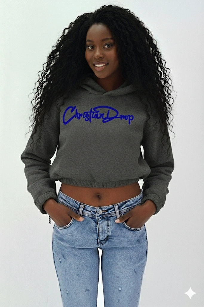 Kadın Neon Christian Drop Yazılı Kapüşonlu Crop Kesim Antrasit Sweatshirt Nakış İşlemeli Antrasit