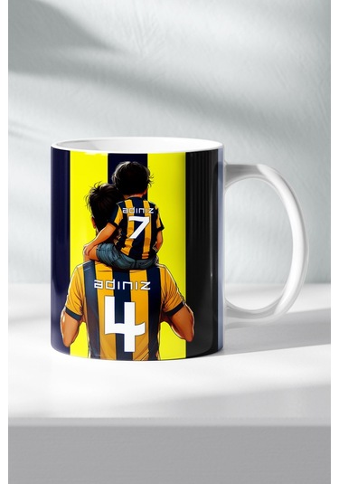 Sarı Lacivert Kişiye Özel, Taraftar Baba Oğul Tasarımlı Baskılı Hediye Kupa Bardak Lacivert