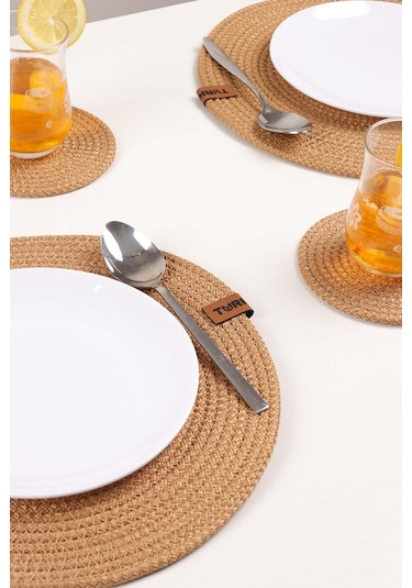 6 Adet Jüt Supla / Amerikan Servis Lux Sunum Tabak Altlığı, Sunum Supla Çeyiz Takımı Örgü Tabak Altı Yanmaz Bej