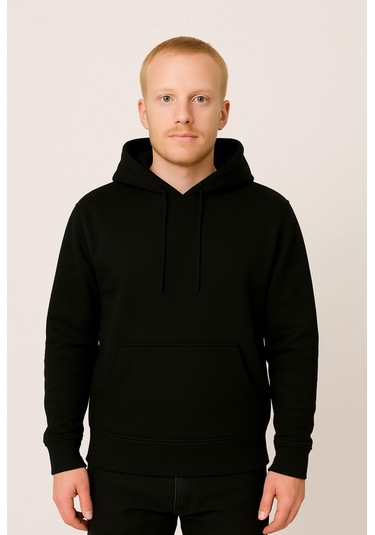 Axxel Erkek Siyah Kapüşonlu Sweatshirt-w1108 Siyah 3 İplik Şardonlu