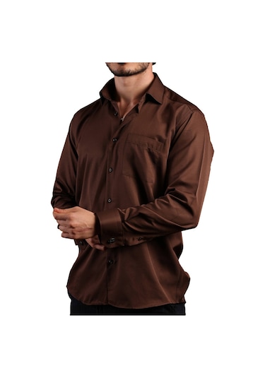 Kahverengi Büyük Beden Rahat Kesim Micro Kumaş Kol Düğmeli Regular Fit Erkek Gömlek - 190-11 001