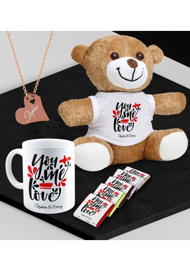 Kişiye Özel Sevgili Peluş Ayı Kupa Madlen Çikolata Ve Rose Kalp Kolye Set - 79