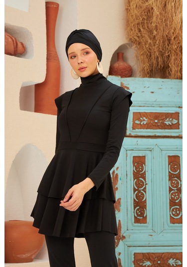 Full Likralı Tam Kapalı Tesettür Mayo Deniz Mayosu Fırfır Detaylı Lt23-01 Siyah Siyah