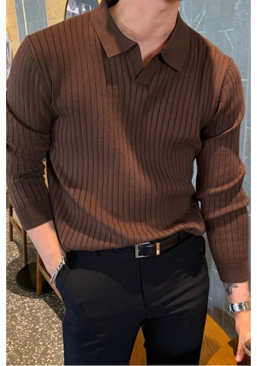 Cool Tarz Erkek Polo Yaka Triko Kazak Slim Fit Fitilli Kahverengi