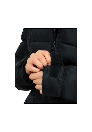 Freemen Kadın Siyah Kapüşonlu Polarlı Kürklü Su Geçirmez Rüzgara Dayanıklı Şişme Mont Siyah