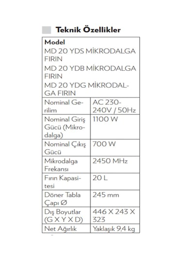 Vestel MD 20 YDS 20 LT Mikrodalga Fırın