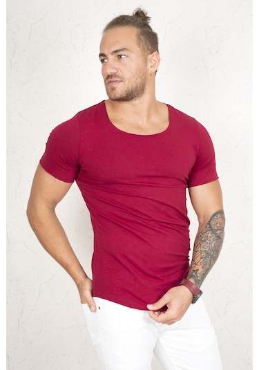 Deepsea Erkek Bordo Geniş Yaka Likralı Tişört Oval Yaka Slim Fit Eteği Oval Açık Yaka T-shirt 1801199 Bordo