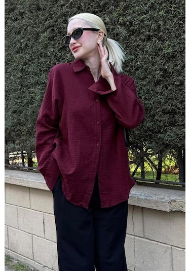 Madmext Bordo Muslin Kumaş Basic Kadın Gömlek Mg1660 Bordo
