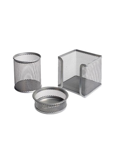 Ofis Masa Set Kalemlik + Küp Blok + Ataçlık 3 Lü Metal File Gümüş