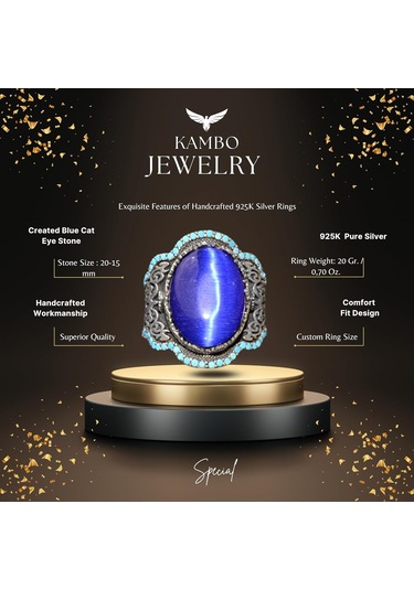 El Yapımı Mavi Kedi Gözü Yüzük Turkuaz Yapay Taş İle - 925 Ayar Gümüş Erkek Takısı Gümüş