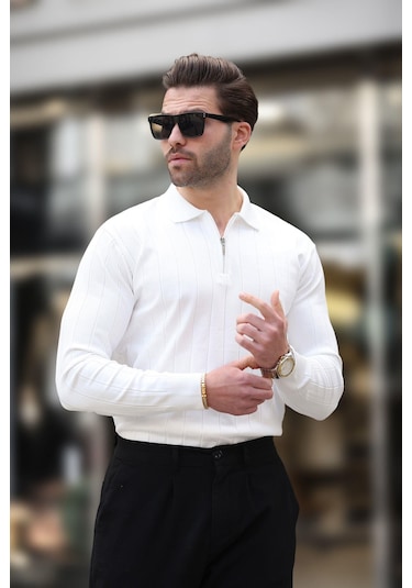 Madmext Beyaz Polo Yaka Fermuarlı Örme Kazak 7242 Beyaz