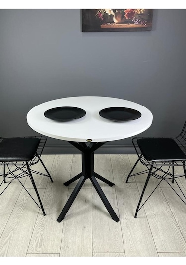 Saray Beyaz Siyah Yuvarlak Mutfak Masası Yemek Masa Balkon Masa Metal Siyah Ayak 80 Cm