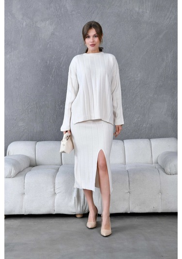 Kadın Bisiklet Yaka Yırtmaçlı Kazak Etek İkili Triko Takım Taş