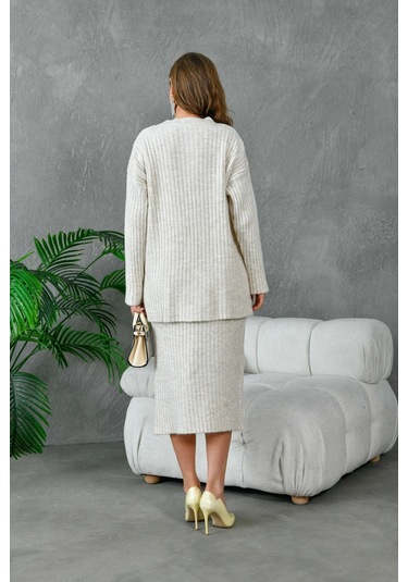 Kadın Bisiklet Yaka Uzun Kazak Etek İkili Triko Takım Taş