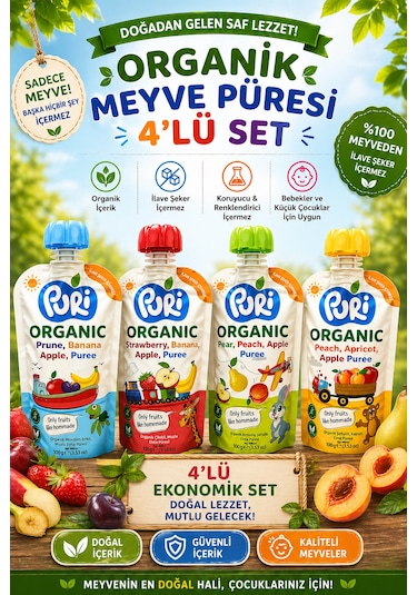 Organic %100 Organik Meyve Püresi 100 G x 4 Karışık Aroma İlave Şekersiz 4'lü Set