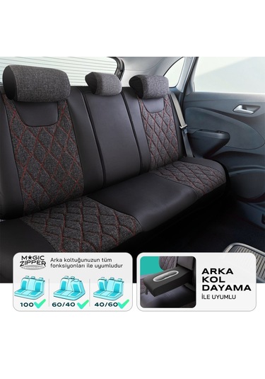 Panda Marmaris Serisi Keten Kumaş Oto Koltuk Kılıfı - Siyah - Kırmızı