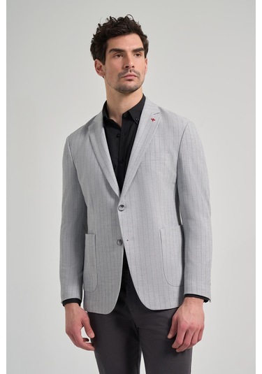Çizgili Desen Gofreli Mono Yaka Esnek 6 Drop Slim Fit Ceket 1002250122 Gri