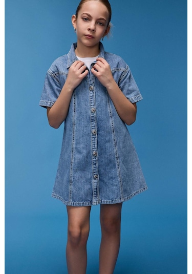 DeFacto Kız Çocuk Gömlek Yaka Kısa Kollu Pamuklu Yazlık Jean Elbise E1762A825SMNM39
