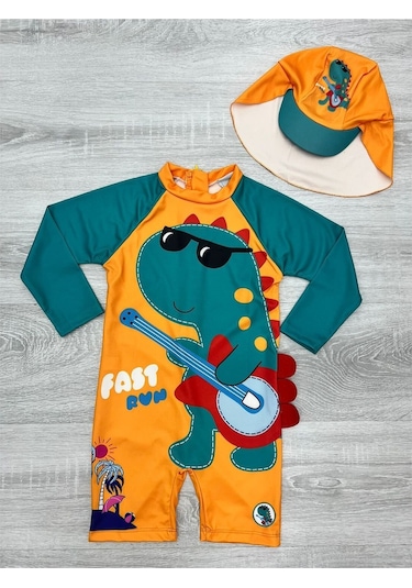 My Kids Wear Şapkalı Fermuarlı Uzun Kollu Mayo Turuncu