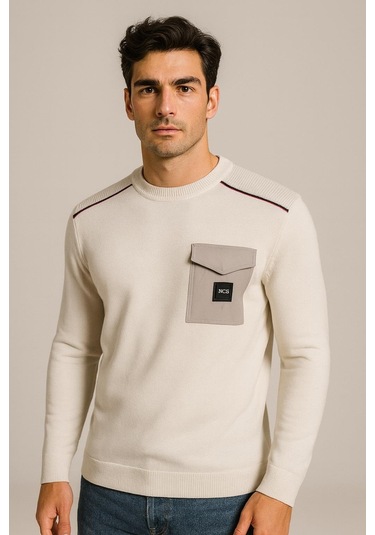 Erkek Triko Bisiklet Yaka Cep Detaylı Beyaz 3753 Gri