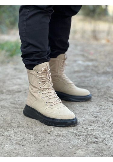 Wagoon Wg012 Bej Kömür Süet Uzun Bağcıklı Bot Krem