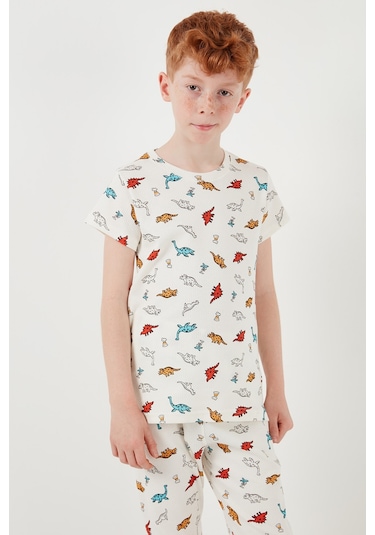Lela Desenli % 100 Pamuk Bisiklet Yaka Erkek Çocuk Pijama Takımı 6651001 Ekru-Kırmızı