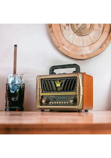 River World Ahşap Retro Tasarımlı Radyo Bluetooth Hoparlörlü Şarjlı Büyük Boy Telefon Tutma Saplı