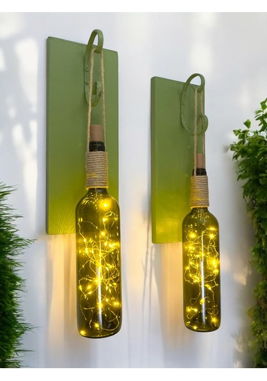 Led Işıklı Yeşil Ahşap Renkli Retro Şarap Şişesi Duvar Aplik 2'li Set Yeşil