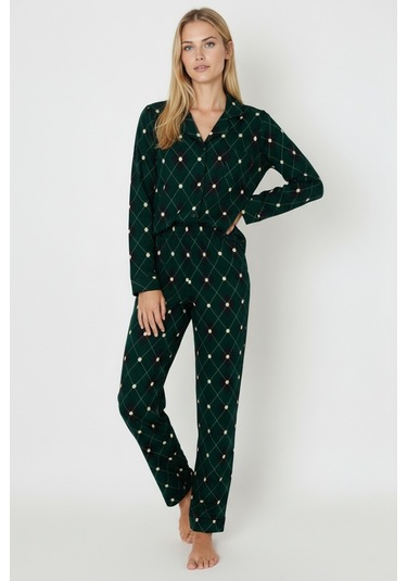 Luxury Soft Yeşil Ekose Desenli Uzun Kollu Kadın Pijama Takımı 3045 Yeşil