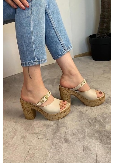 Asmi Shoes Kadın Tena Mantar Taban Platform Topuklu Terlik 10 Cm Snd456 Bej Bej
