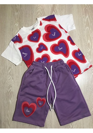 Aysbebe Kalp Desenli Kız Çocuk Yazlık Takım Mor - Beyaz 402131