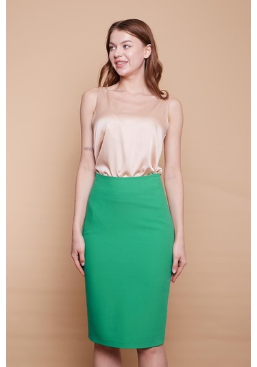 Astarlı Yüksek Bel Diz Altı Hafif Likralı Yırtmaçlı Kumaş Ofis Kalem Etek-b.yeşil - B.yeşili Yeşil