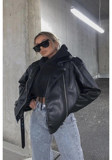 Prifaldi Yeni Sezon Oversize Uzun Kadın Siyah Deri Ceket Siyah