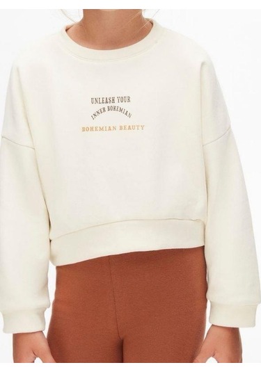 Kız Çocuk Pamuklu İki İplik Bohem Sweatshirt-14711 KREM