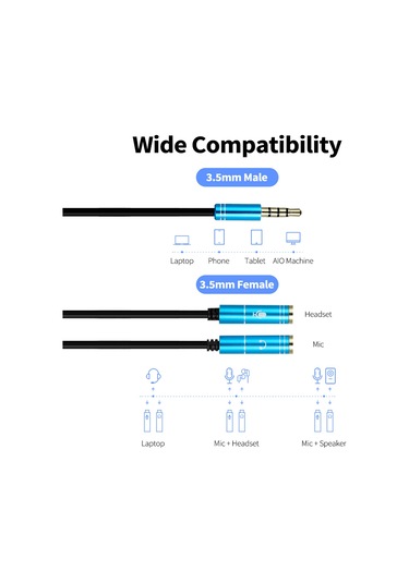 Wezone Mavi 3.5mm Erkekden İki Dişiye Ses Kablosu - Kulaklık Ve Mikrofonu Birleştirir, Paylaşım Ve Kayıt Kolaylığı Sağlar