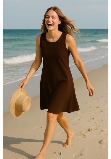 Modal Kumaş Rahat Kalıp Basic Günlük Elbise Kahverengi