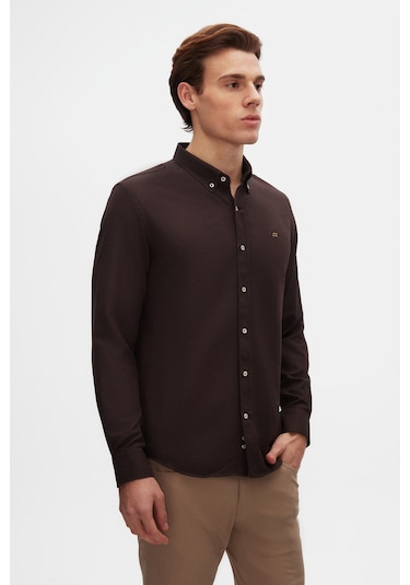 Ds Damat Slim Fit Acı Kahve Oxford Düğmeli Yaka Kolay Ütülenebilir Nakış Detaylı Pamuklu Gömlek 4hc02ort03265 Acı Kahve Acı Kahverengi